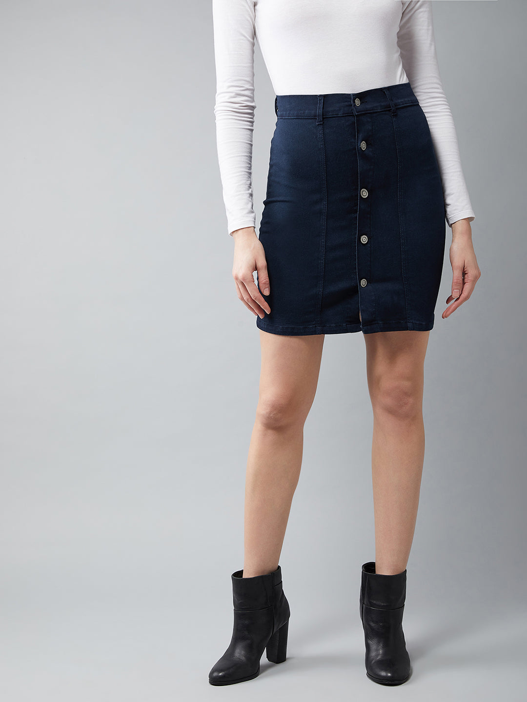 Women's Navy Blue Stretchable Solid A-line Mini Denim Skirt