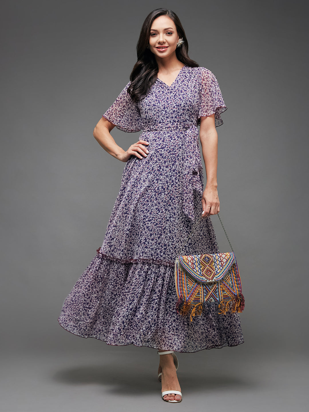 Women's Multicolored-Base-Purple V Neck Flared Sleeve Floral Wrap Chiffon Maxi Dress