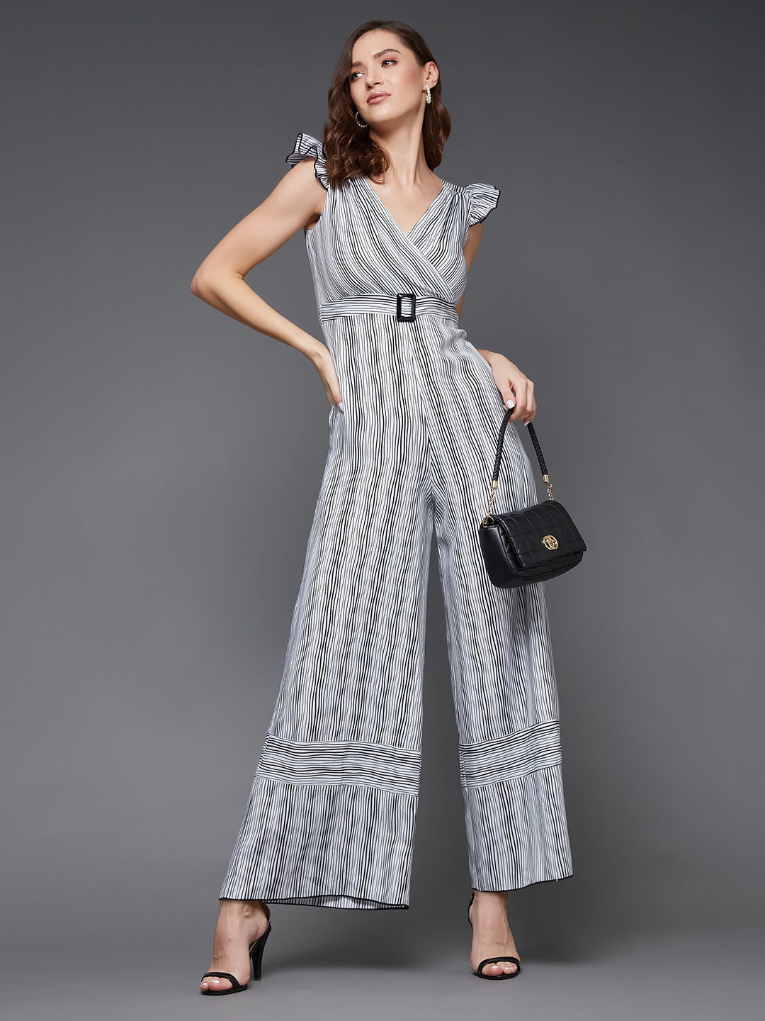 Women's Black and White Striped V-Neck Frill Viscose Rayon Wrap Relaxed Fit Regular Jumpsuit