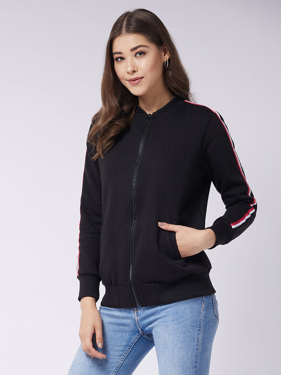 Black V-Neck Full Sleeve Solid Bomber RegularJacket for Women