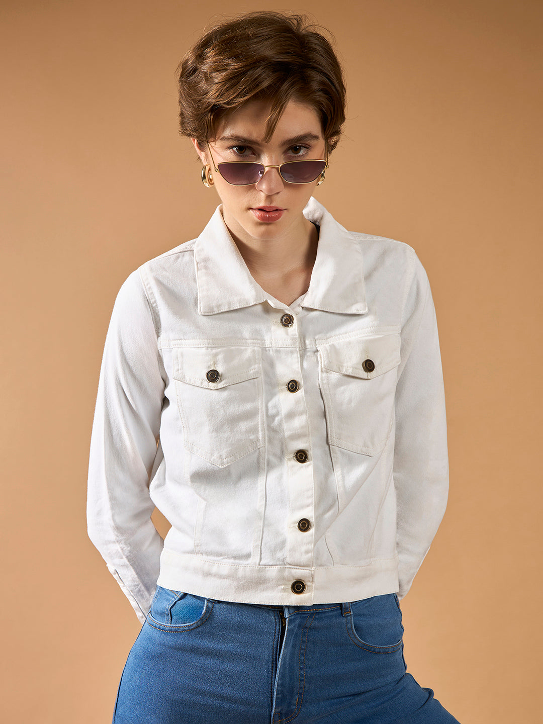 Women's White Polo Neck Full Sleeves Denim Solid Cropped Jacket