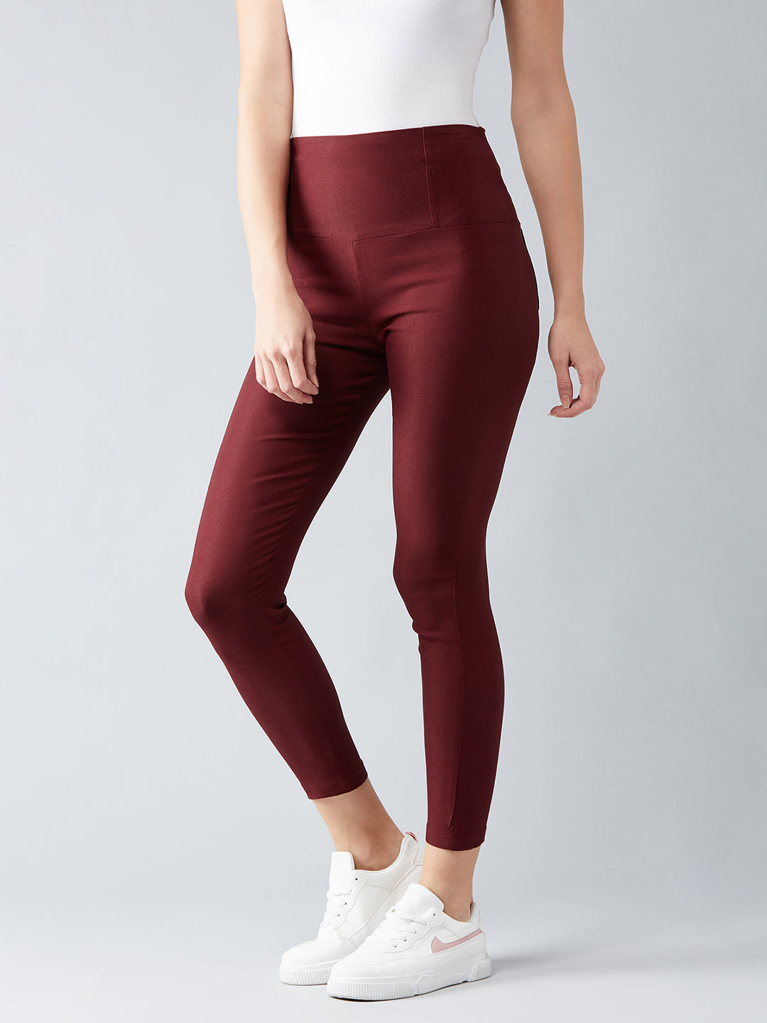 Women's Maroon Solid Skinny High Waist Regular Length Slim Fit Treggings