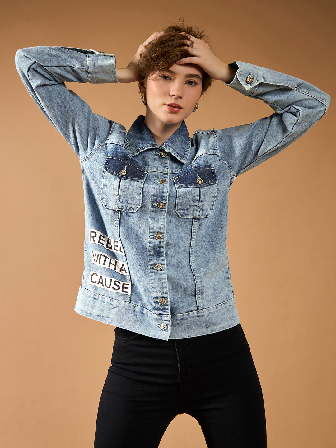 Women's Light Blue Polo Neck Solid Full Sleeve Bomber Regular Length Jacket