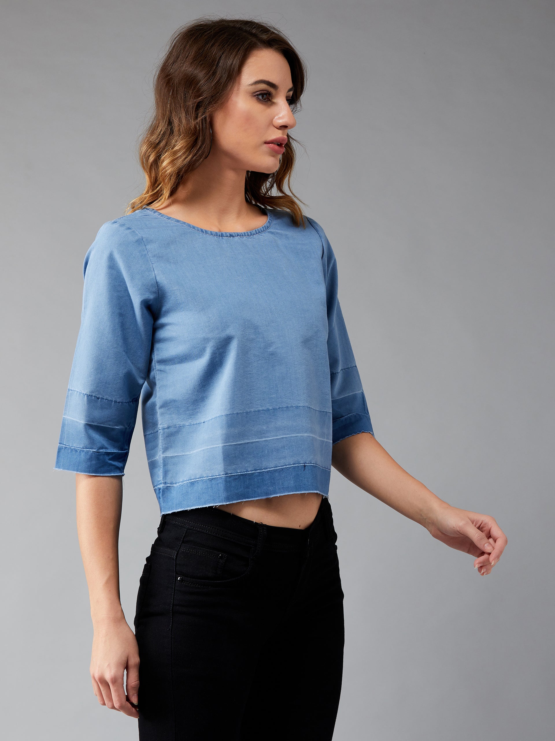 Women's Blue Denim Round 3/4 Sleeve Ombre Shaded Solid Crop Top