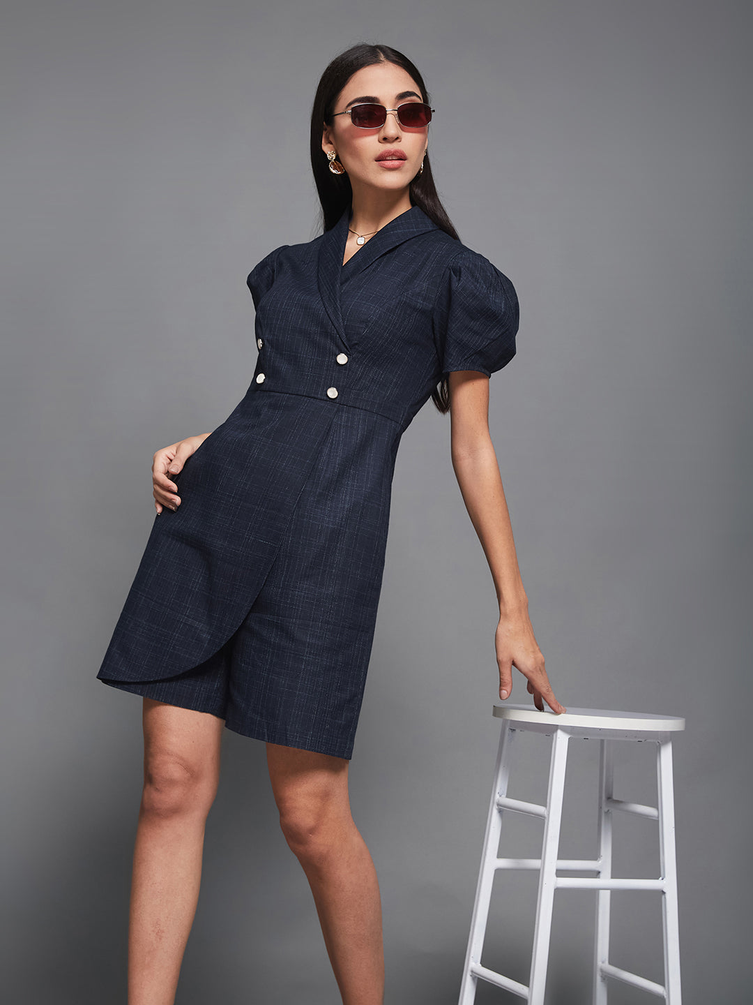 Navy-Blue Shawl-Collar Half-Sleeve Self-Designed Overlapped Knee-Long Playsuit for Women
