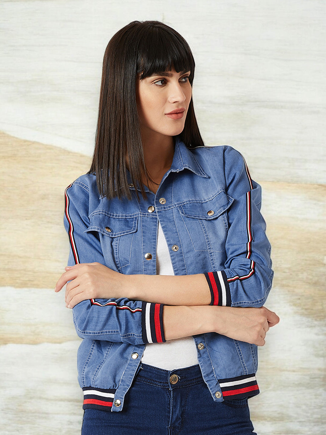 Women's Light Blue Polo Neck Full Sleeve Solid Buttoned Rib And Twill Tape Detailing Bomber Denim Jacket