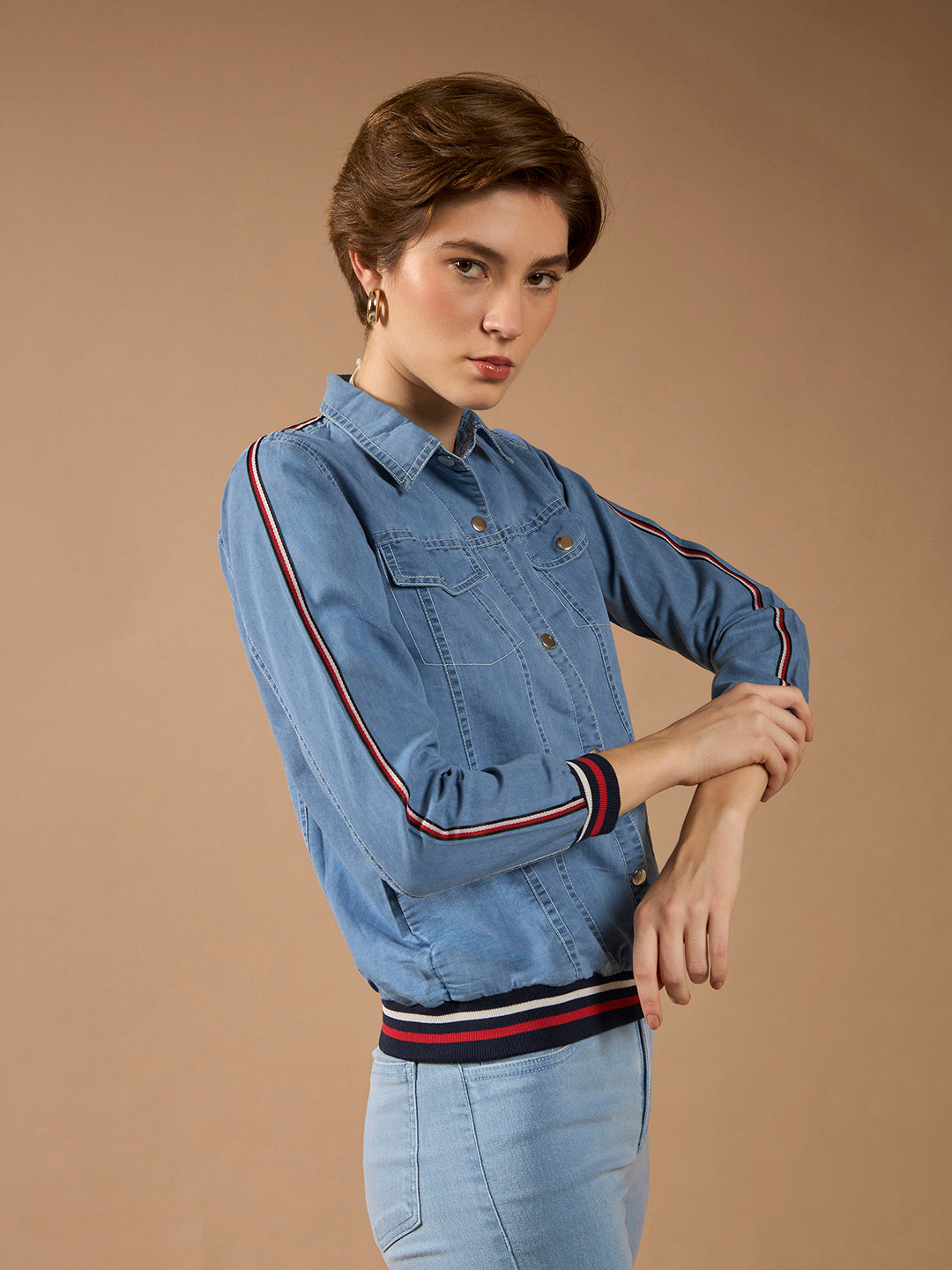 Women's Light Blue Polo Neck Full Sleeve Solid Buttoned Rib And Twill Tape Detailing Bomber Denim Jacket