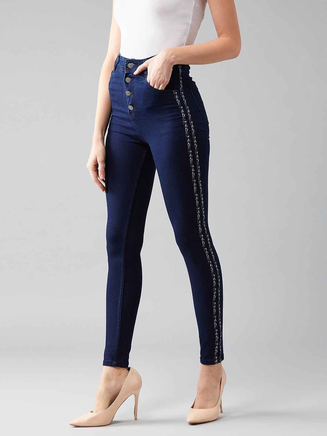 Women's Navy Blue Skinny High Rise Clean Look Cropped Denim Jeans