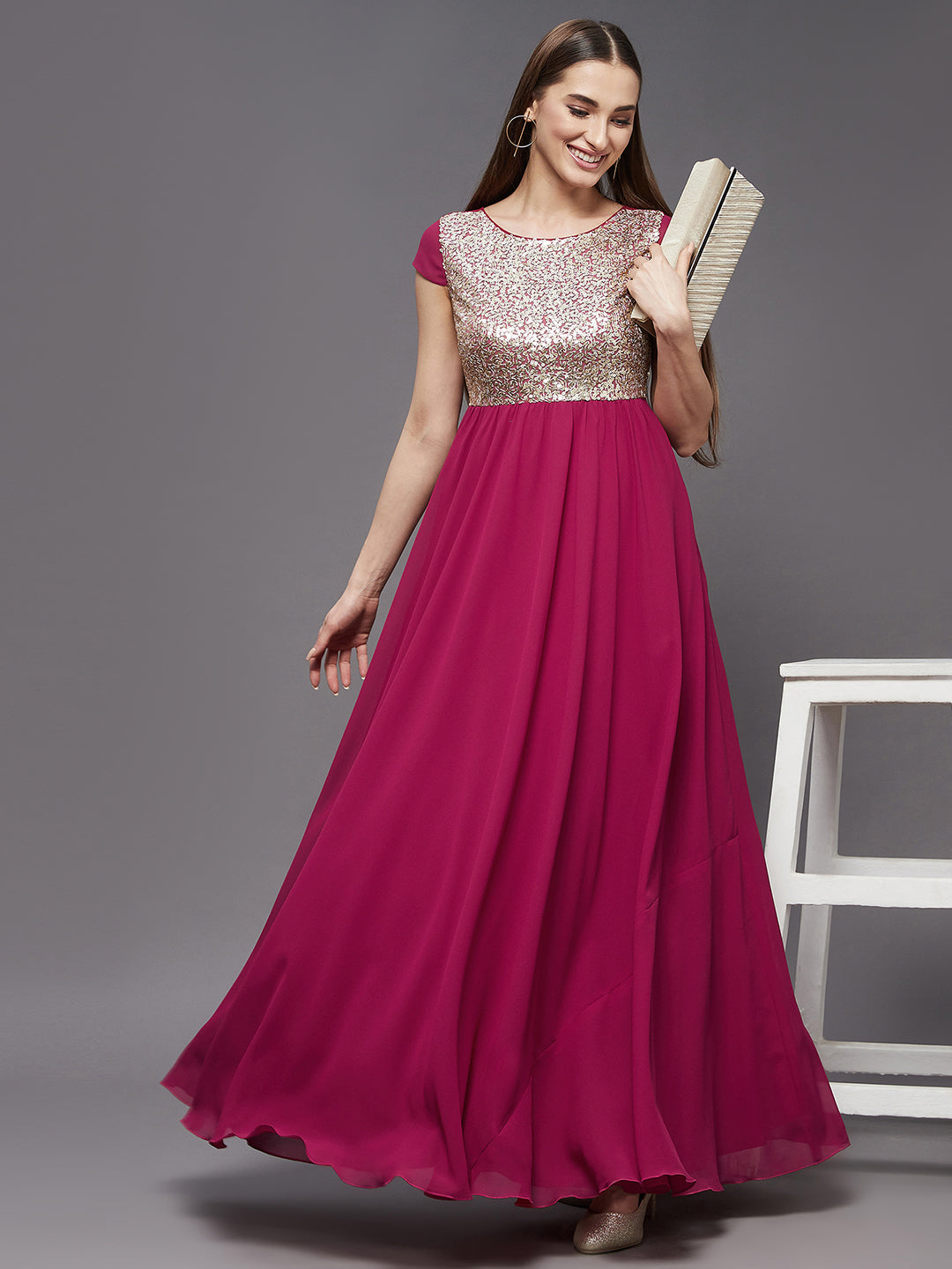 Women's Pink & Golden Round Neck Cap Sleeve Embellished Fit & Flare Maxi Dress