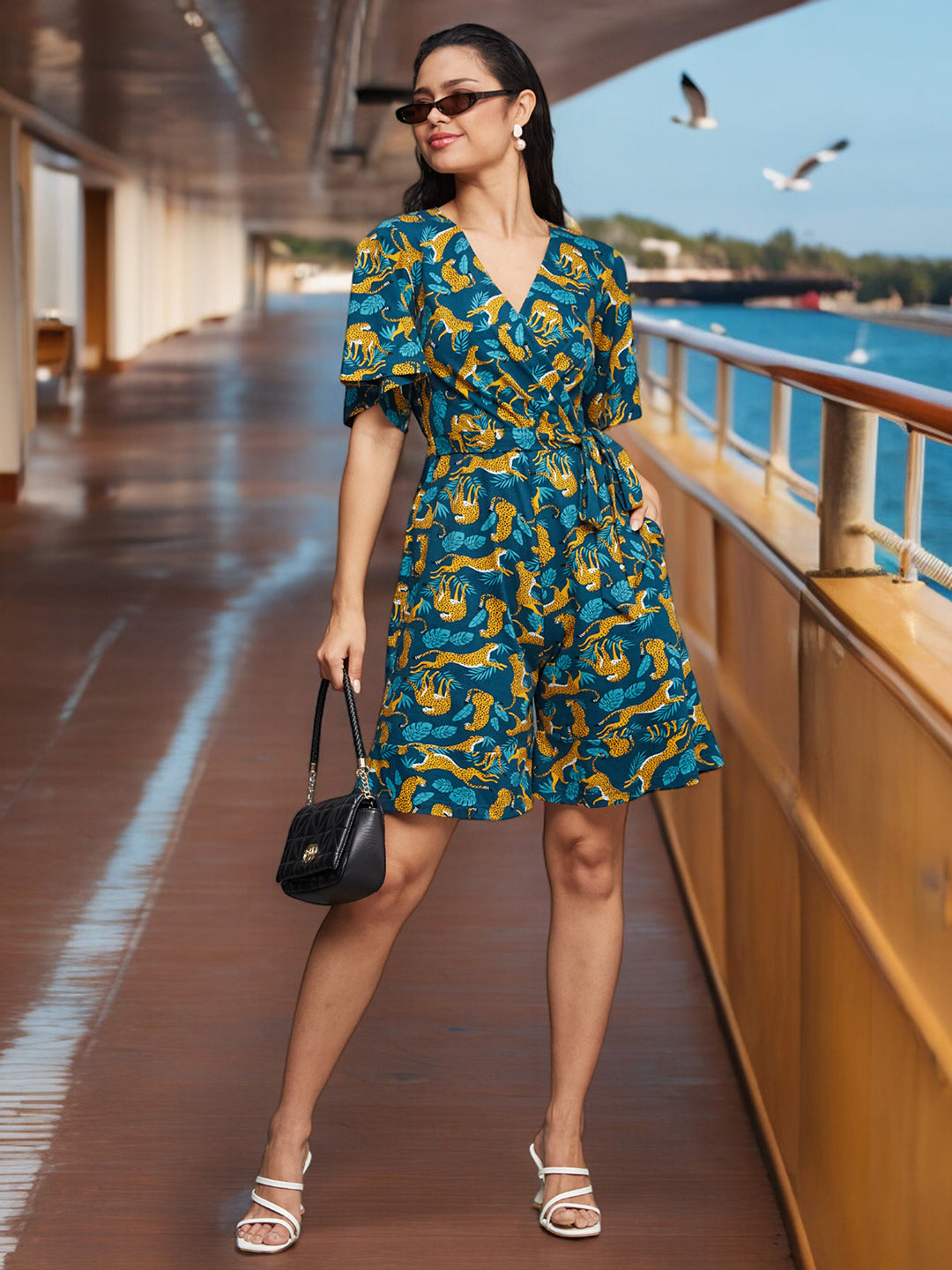 Women's Multicolored-Base-Teal V-Neck Half Sleeve Animal-Patterned Wrap Styled Pure Cotton Knee-Long Playsuit