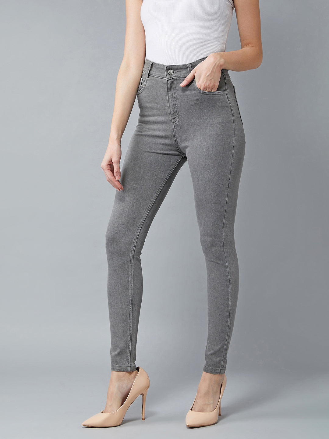 Women's Grey Skinny High Rise Clean Look Regular Stretchable Denim Jeans