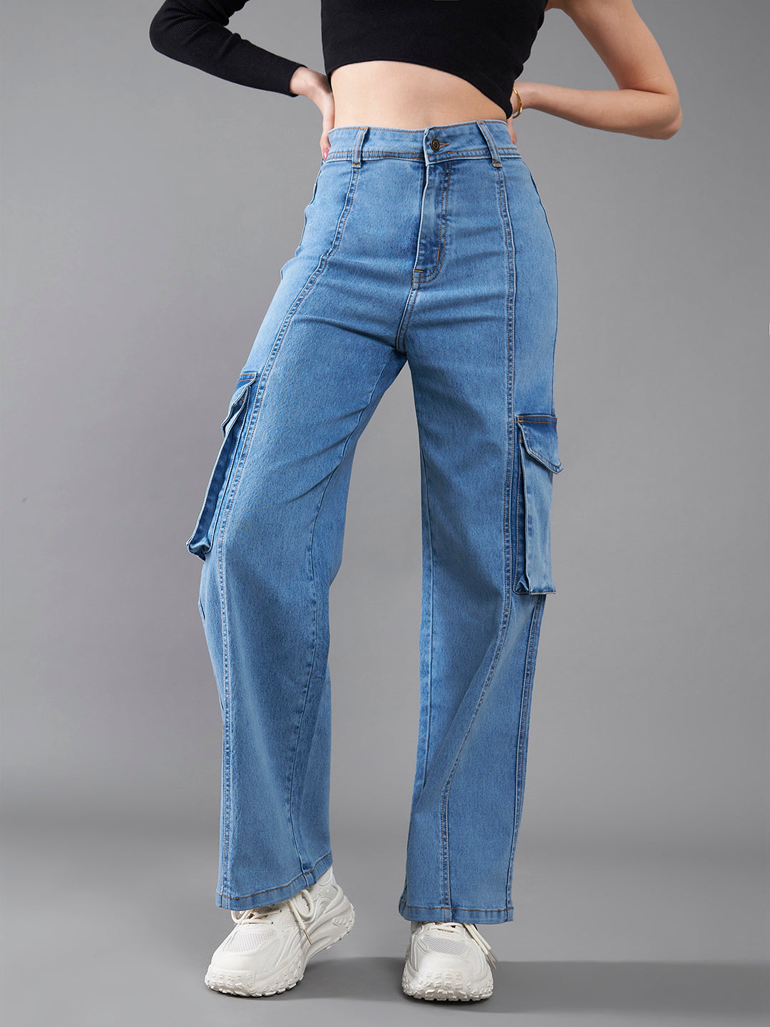 24/7 Comfort Women's Blue Wide-Leg High-Rise Regular Length Stretchable Patch Pocketed Cargo Denim Jeans