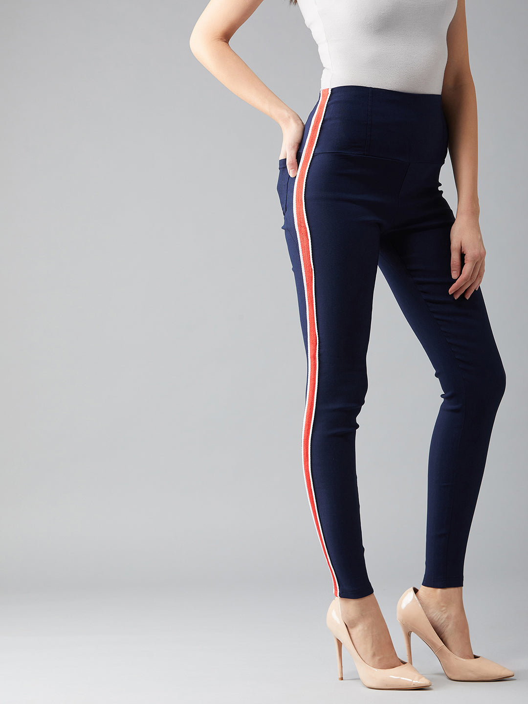 Women's Navy Blue Solid Skinny Knitted Twill Tape Detailing Regular Length High Waist Treggings