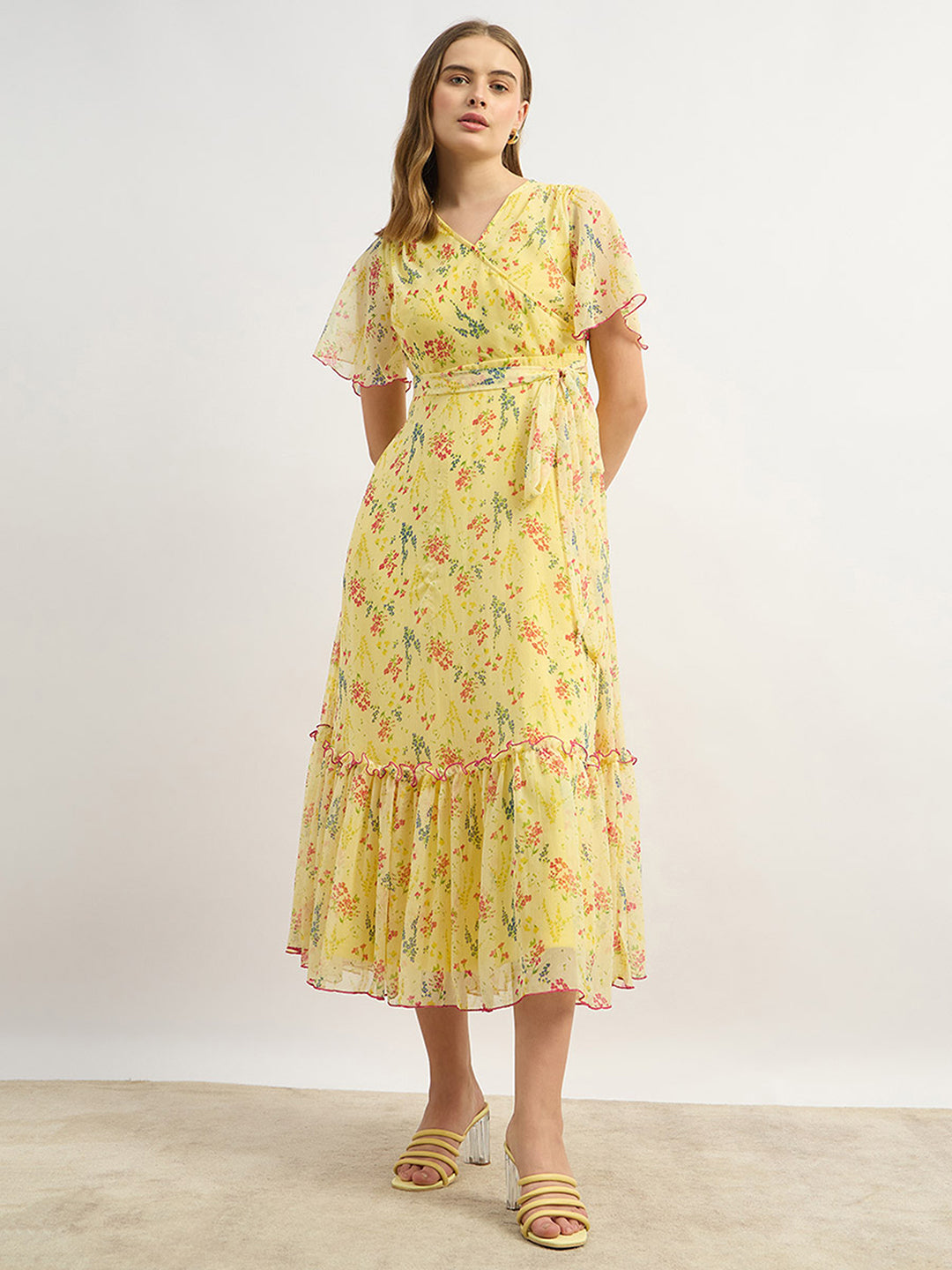 Women's Multicolored-Base-Yellow V Neck Flared Sleeve Floral Wrap Maxi Dress