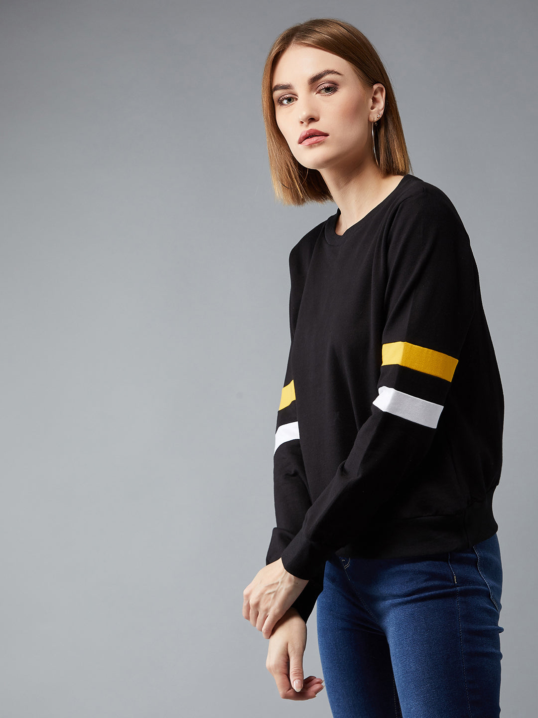 Women's Black Round Neck Full Sleeves Cotton Solid Boxy Colorblock Paneled Sweatshirt