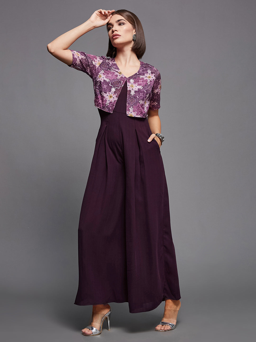 Women's Dark Purple V Neck Half Sleeve Pleated Polyester Regular-Length Solid Jumpsuits