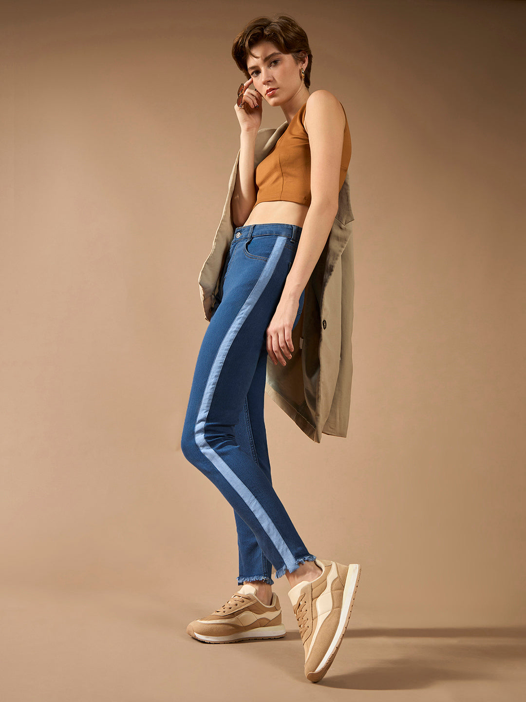 Women's Blue Skinny High-Rise Clean-Look Fringe And Silky Denim Tape Detailing Cropped Denim Jeans