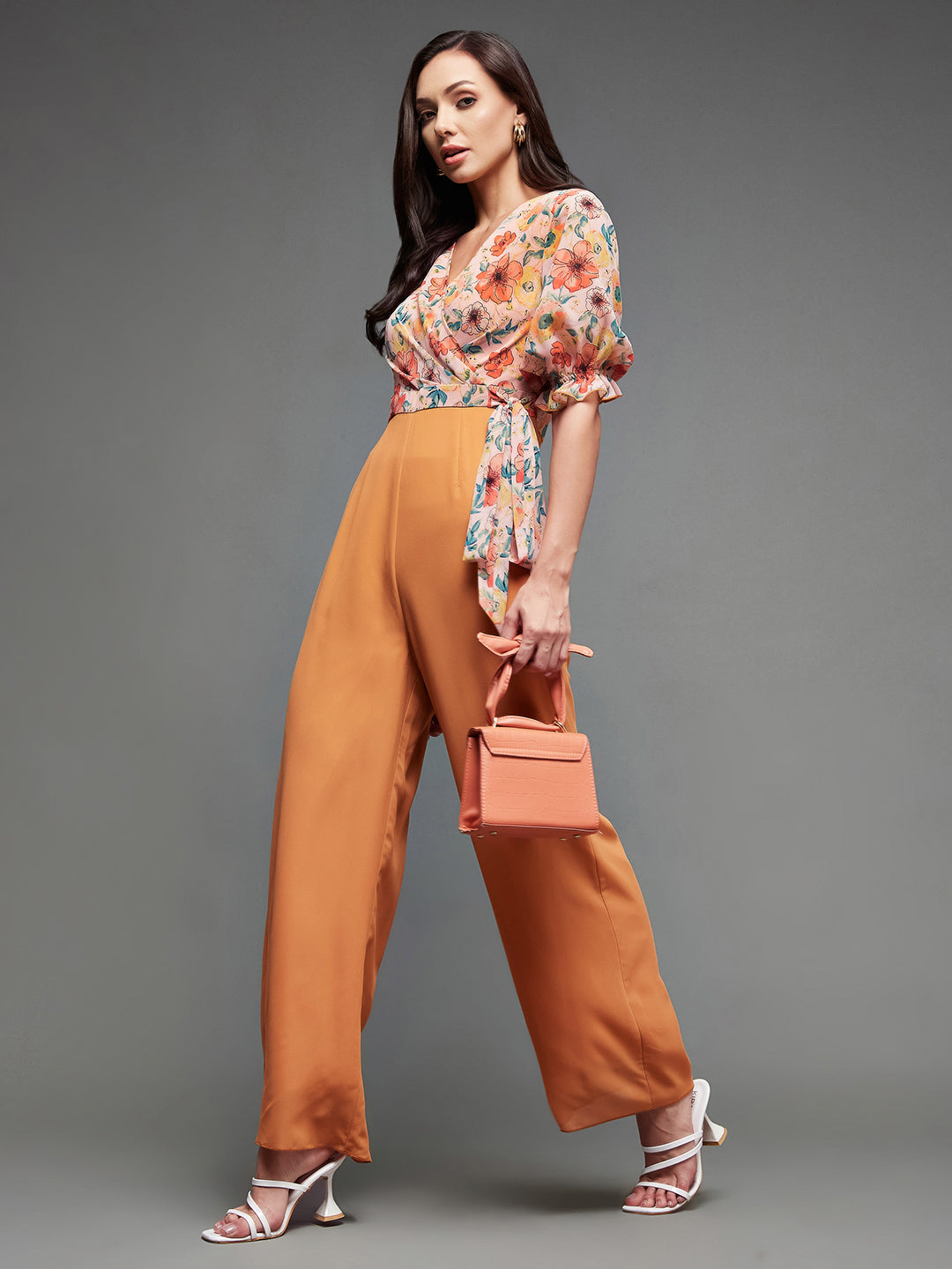 Women's Multicolored-Base-Dusty Orange V-Neck Puff Sleeve Floral Patterned Wrap Regular Georgette Jumpsuit