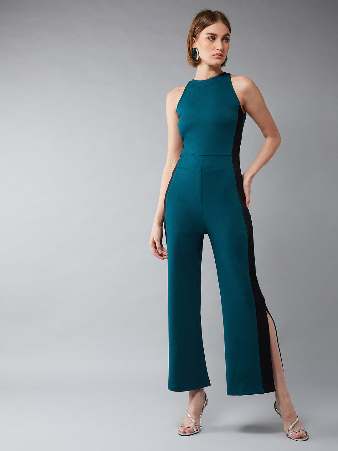 Women's Forest Green & Black Halter Neck Sleeveless Solid Flared Jumpsuit