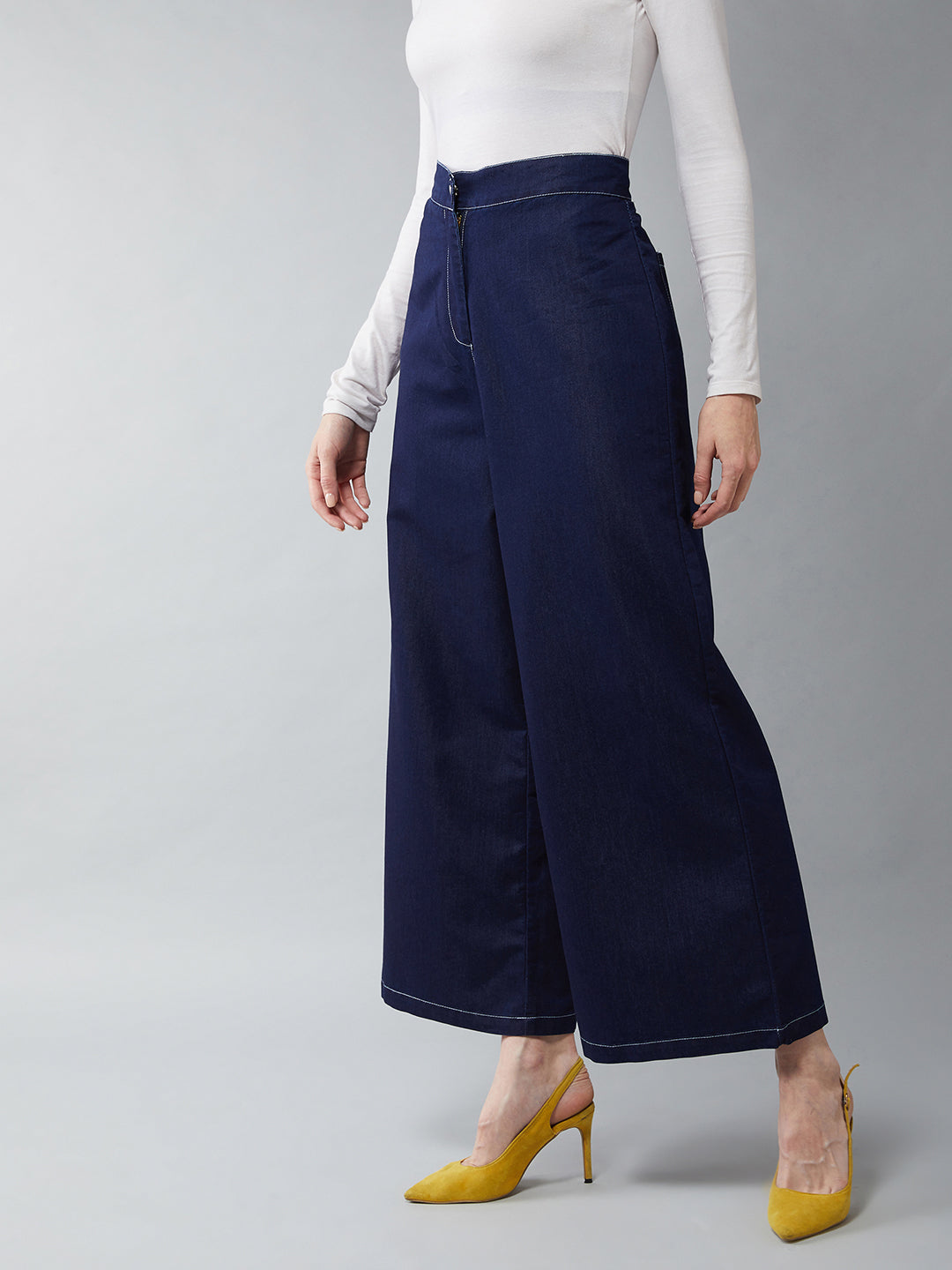 Women's Navy Blue Wide-Leg High Rise Light Weight Clean Look Regular Length Denim Pants