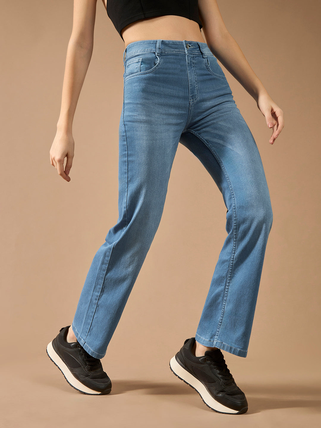 Women's Light Blue Wide-Leg Mid Rise Clean Look Regular Length Blast Effect Light Weight Denim Jeans