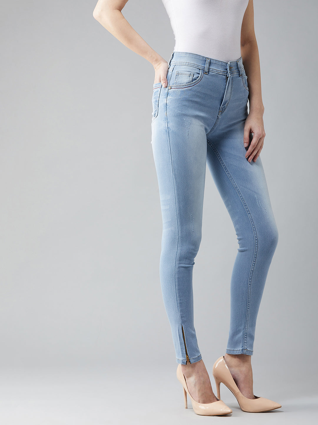 24/7 Comfort Blue Skinny Fit High Rise Zipper Detailing Scraped Stretchable Denim Jeans