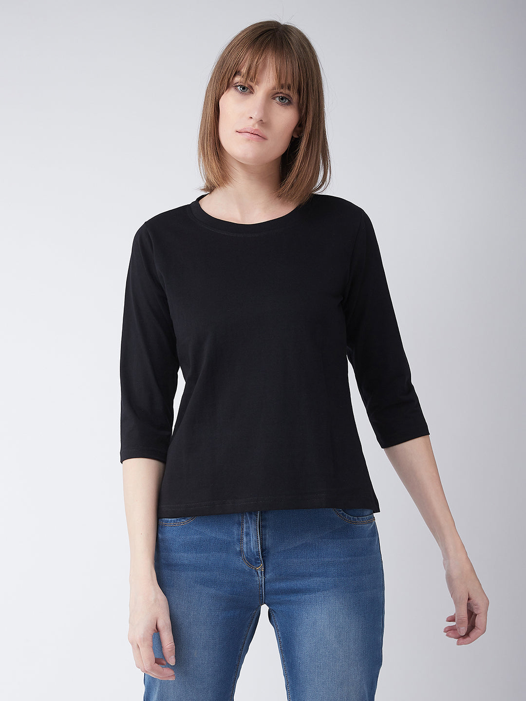 Women's Black Round Neck 3/4 Sleeves Solid Basic Top