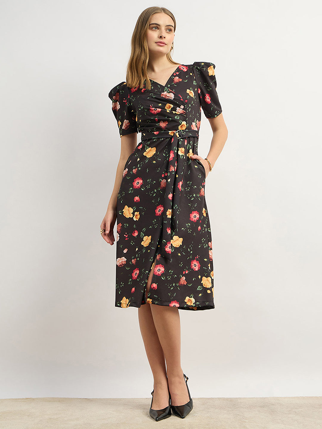 Women's Multicolored-Base-Black V-Neck Pleated Puff Sleeve Floral Patterned Wrap Midi Polyester Dress