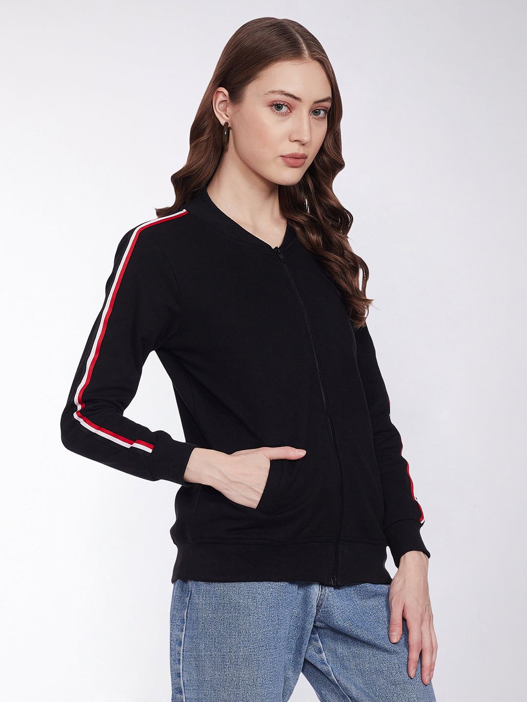 Women's Black V-Neck Full Sleeves Cotton Solid Zippered Twill Tape Detailing Bomber Jacket