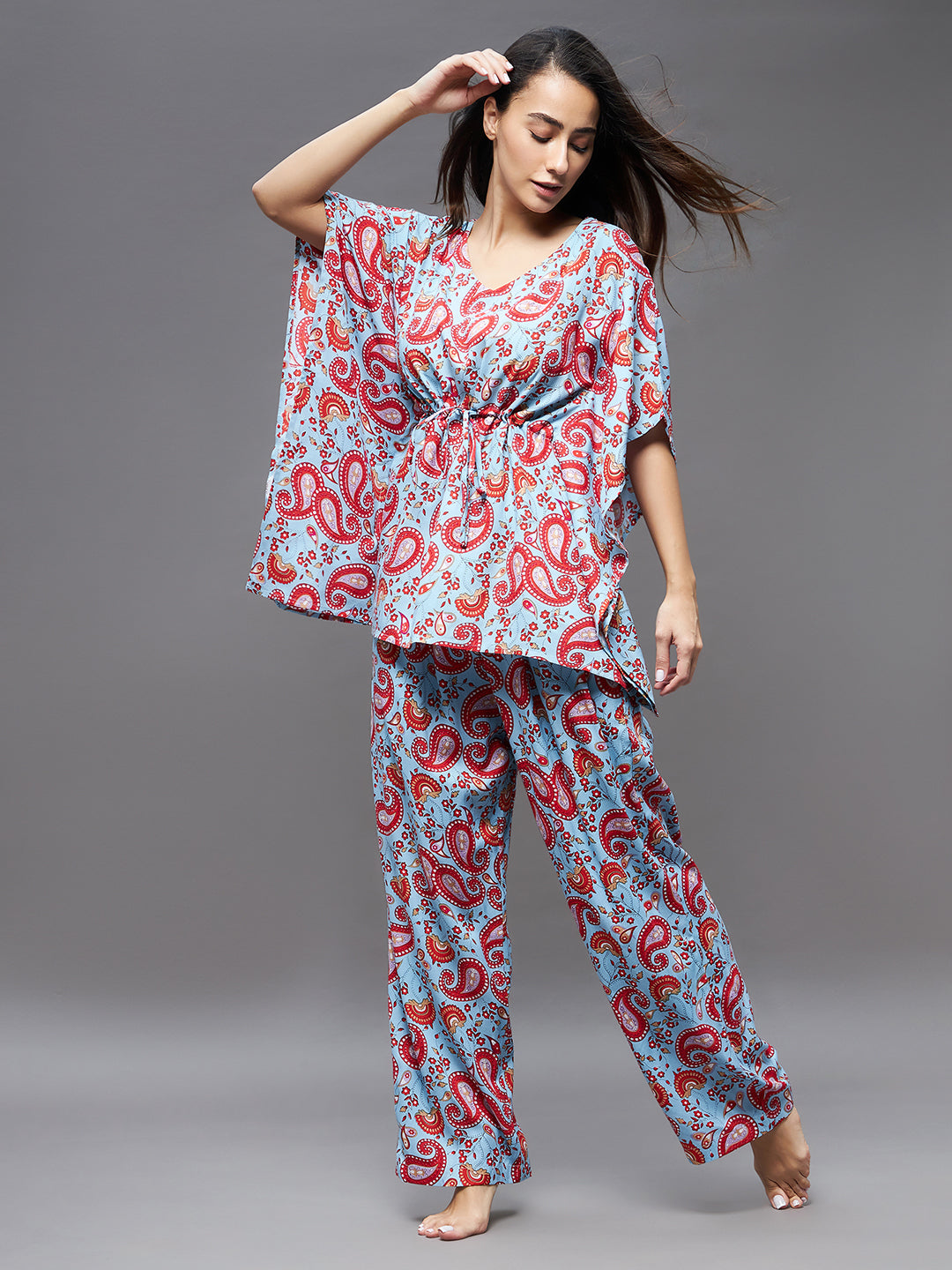 Women's Blue and red V Neck Kaftan Sleeve Printed Tie-Up Waist Regular Kaftan & Pajama Set