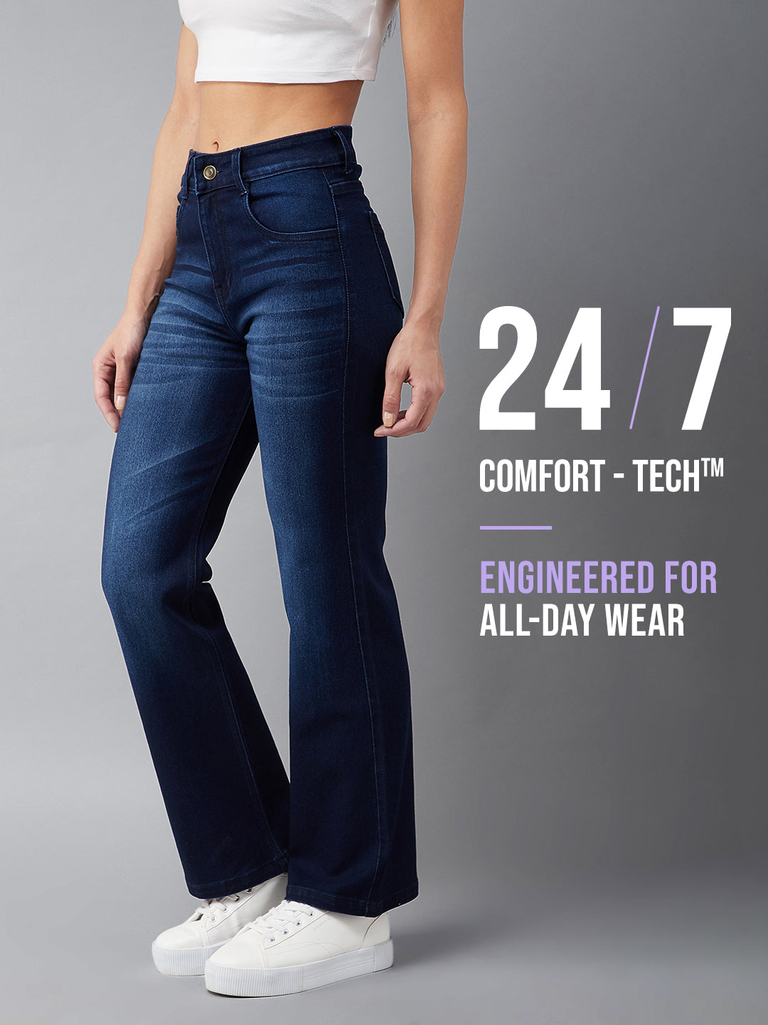 24/7 Comfort Navy-Blue Mid-Rise Stretchable Bell Bottom Bootcut Denim Jeans for Women