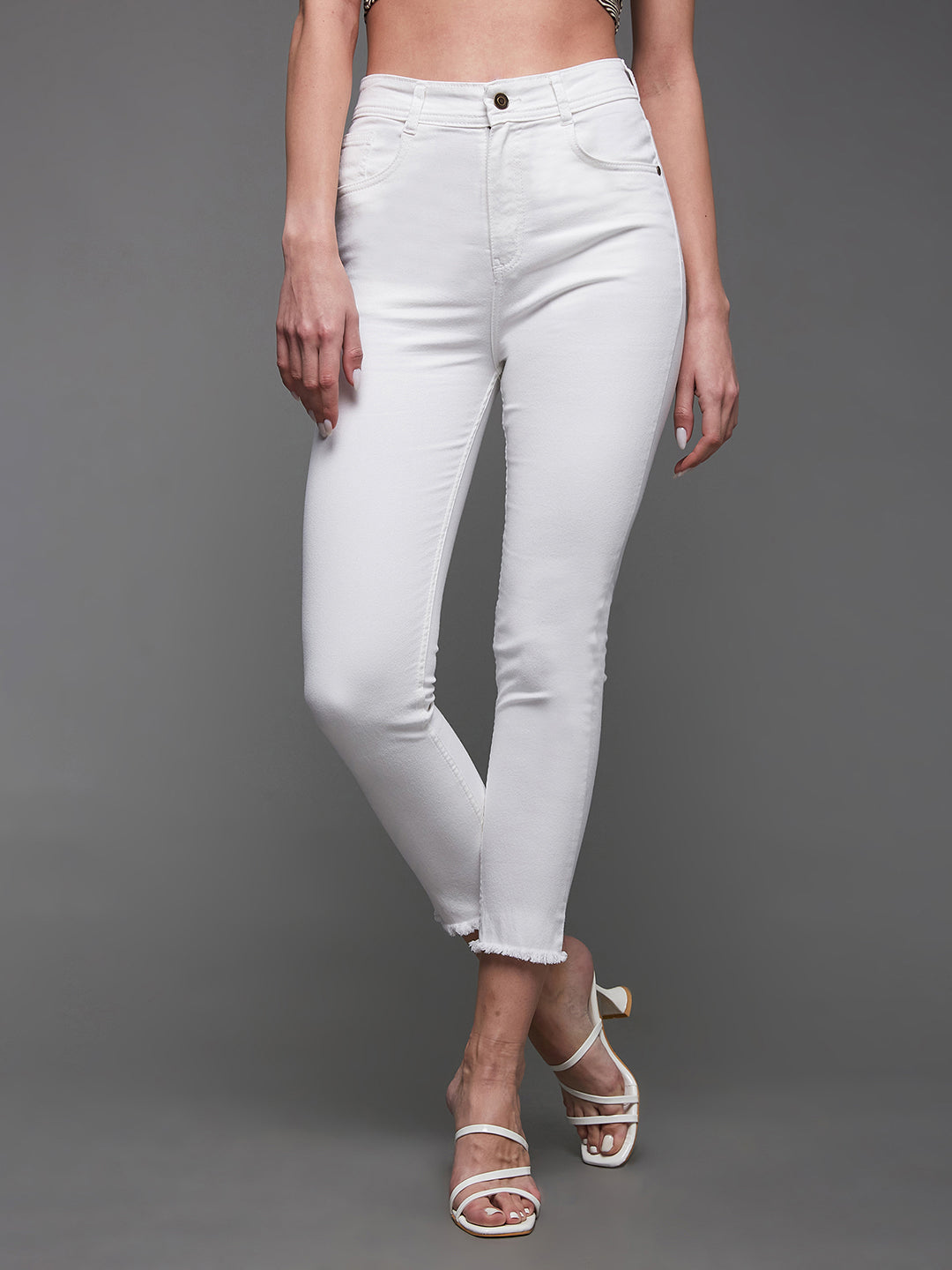 Women's White Skinny High Rise Clean Look Bleached Cropped Stretchable Denim Jeans