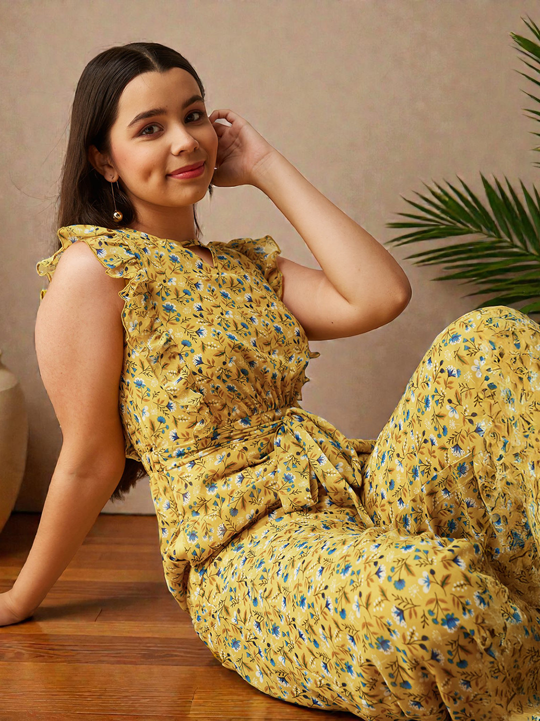 Multicolored-Base-Yellow Round neck Sleeveless Floral Wide-Leg Regular Jumpsuit for Girls/Teenagers