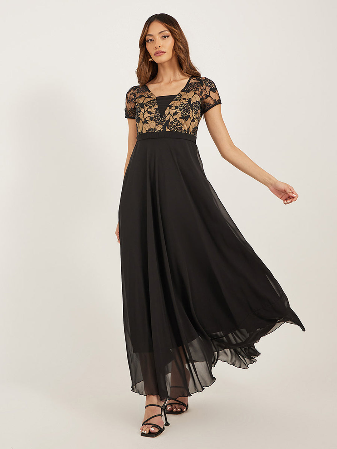 Women's Black Square Neck Raglan Short Sleeve Self Design Lace Overlaid Georgette Maxi Dress