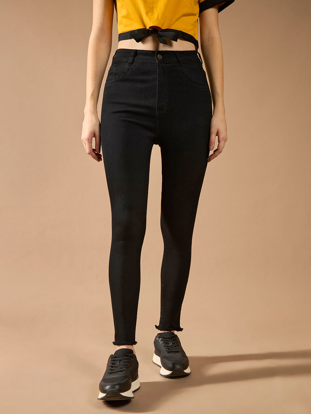 Women's Black Skinny Fringed Detailing High-Rise Clean-Look Solid Cropped Stretchable Denim Jeans
