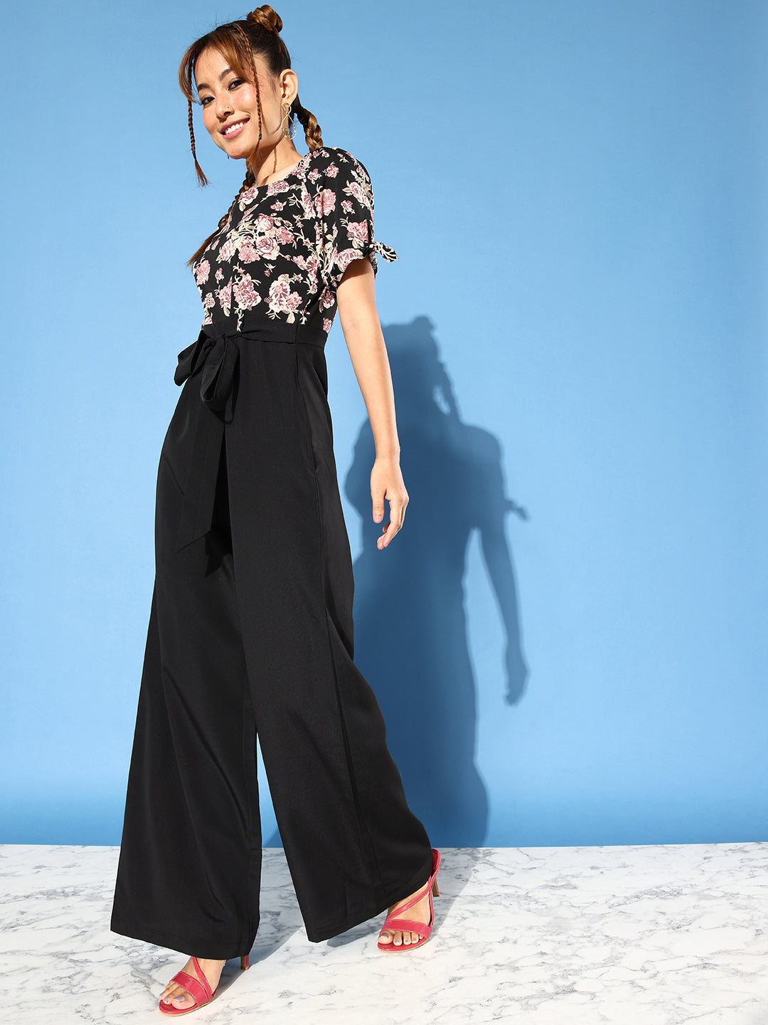 Women's Multicolored-Base-Black Square neck Puff Sleeve Floral Tie-up Regular Jumpsuit