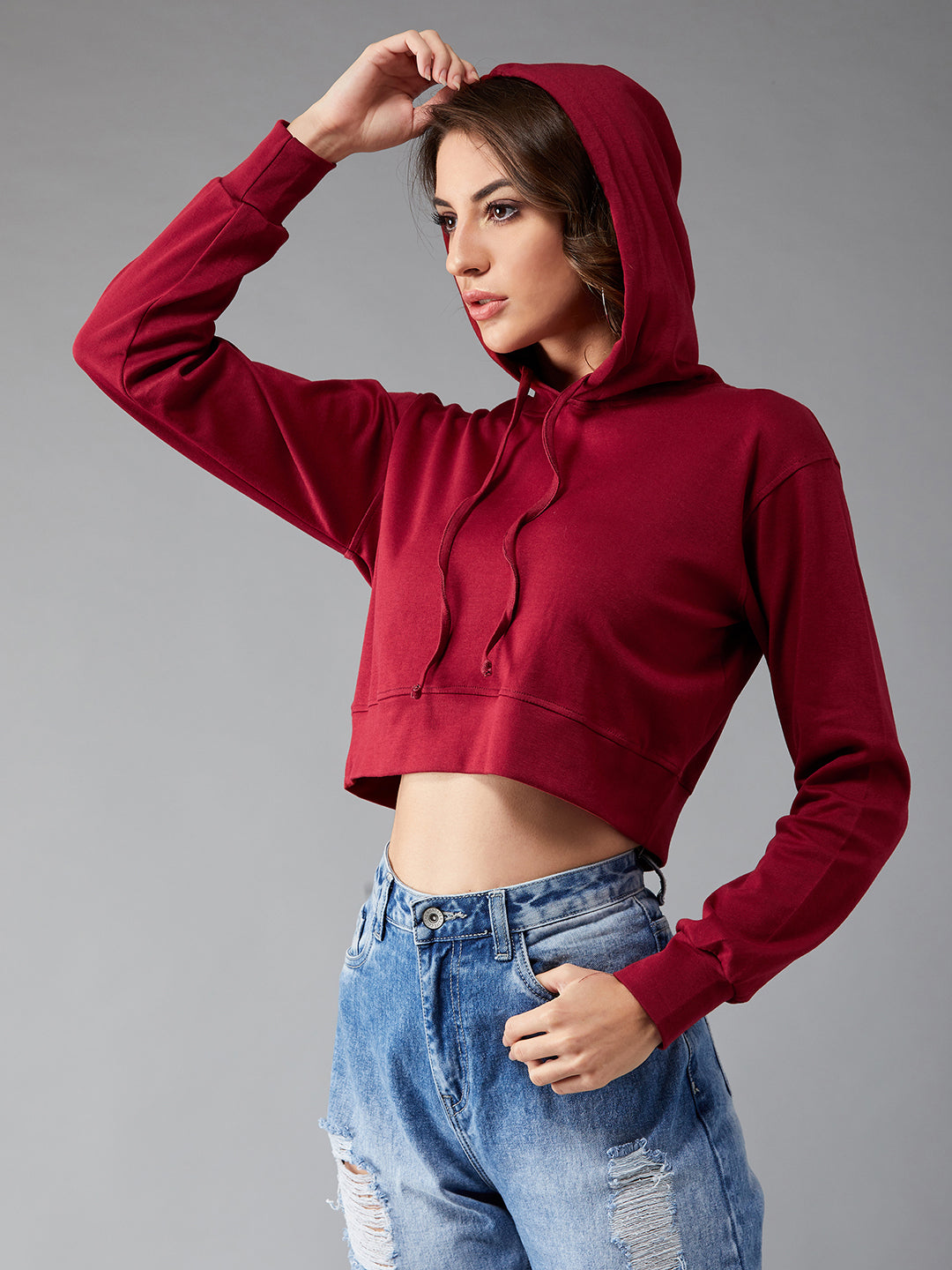 Women's Maroon Solid Round Neck Full Sleeve Hooded Boxy Crop Sweatshirt