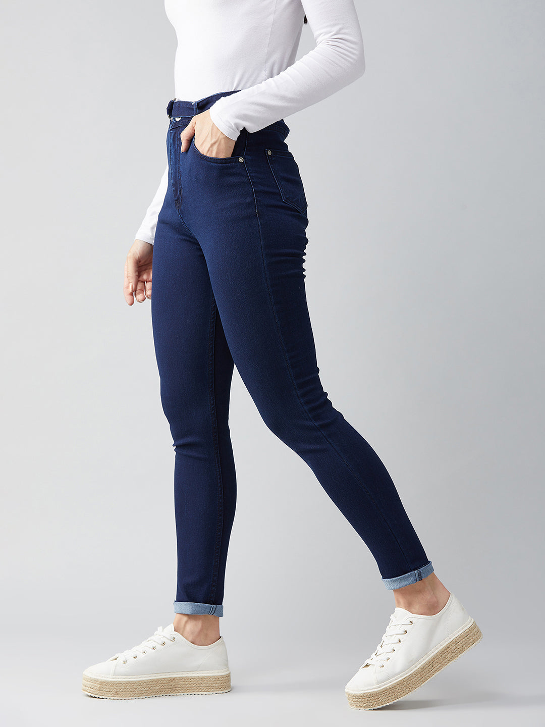 Women's Navy Blue Cotton Skinny Fit Relaxed High Rise Regular Length Stretchable Denim Jeans