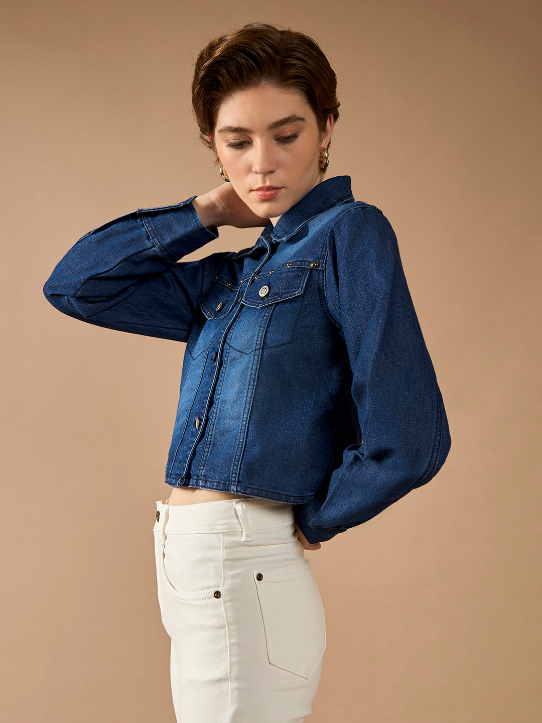 Women's Navy Blue Solid Polo Neck Full Sleeves Buttoned Denim Embellished Cropped Jacket