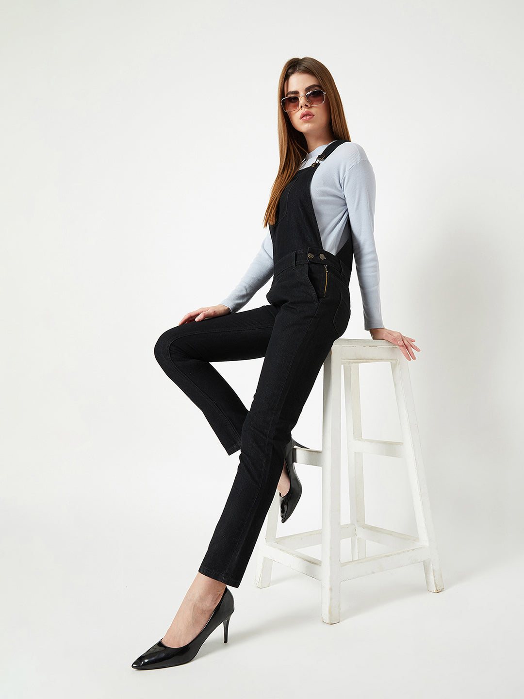 Women's Black High Rise Stretchable Skinny Denim Dungaree