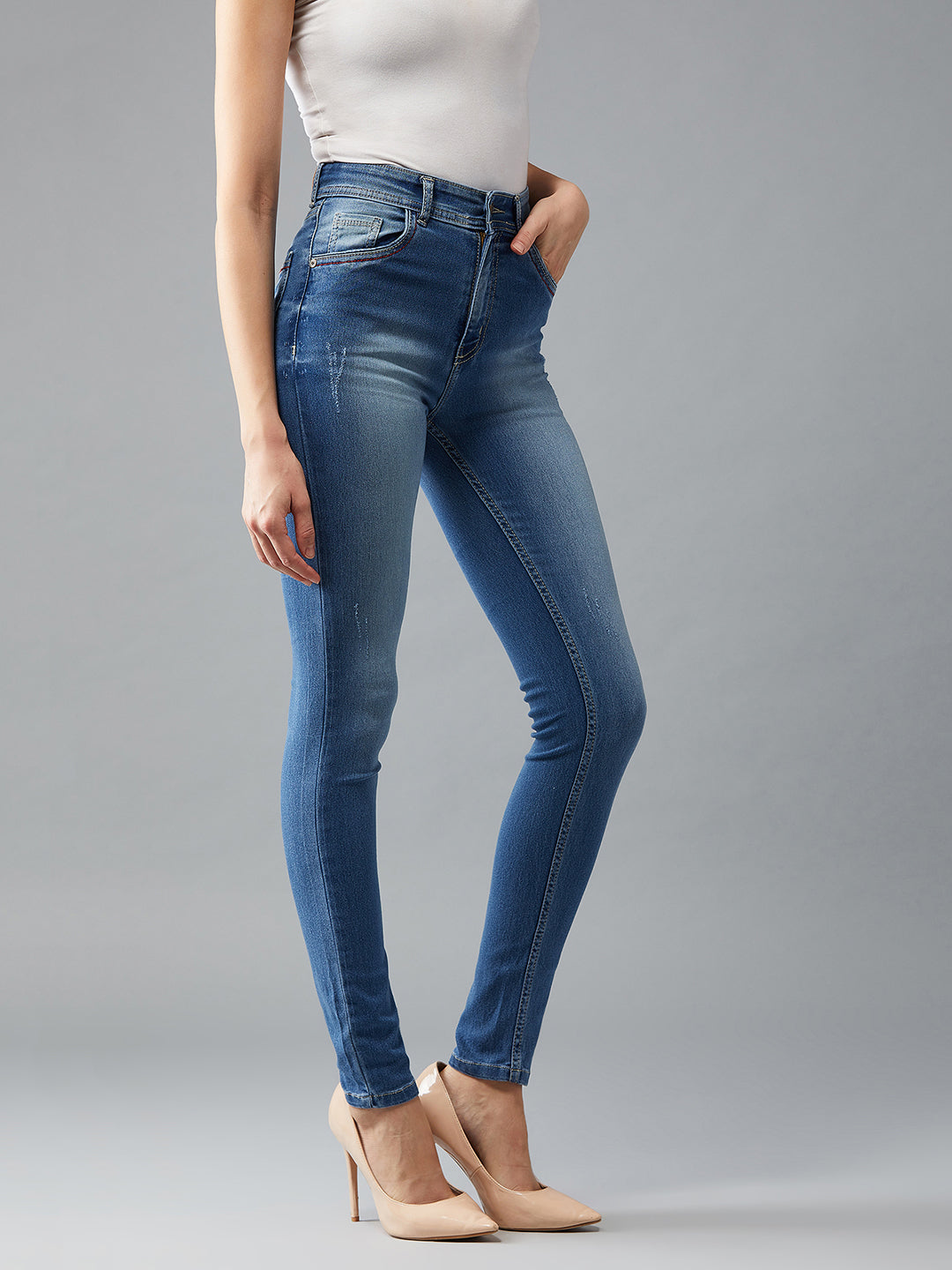 Women's Blue Skinny Fit High Rise Regular Length Denim Stretchable Jeans