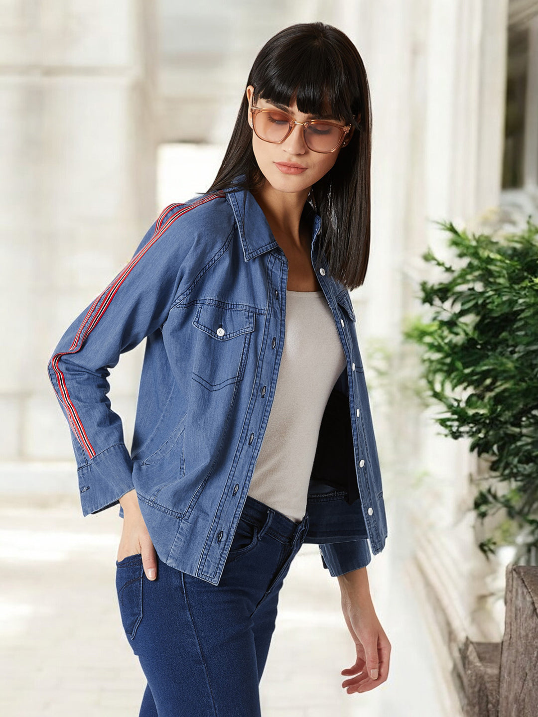 Women's Blue Polo Neck Full Sleeve Twill Tape Detailing Solid Buttoned Bomber Denim Jacket