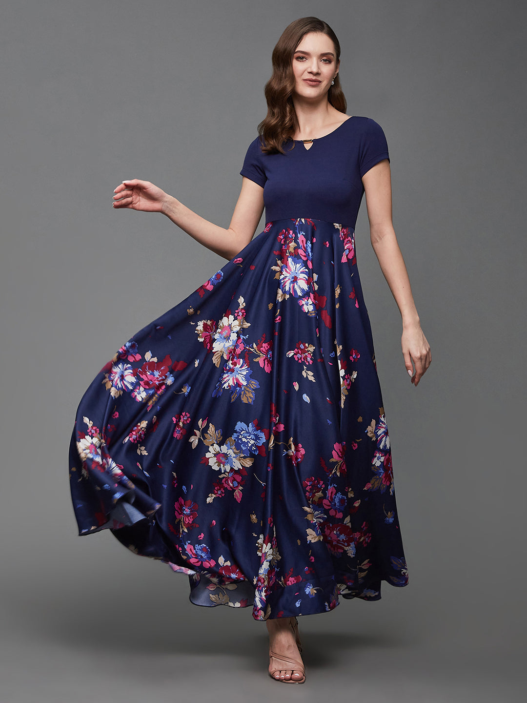 Women's Multicolored-Base-Navy Blue Keyhole Neck Short Sleeve Floral Polyester Fit & Flare Maxi Dress