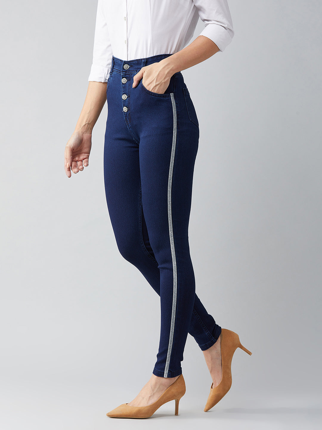 Women's Navy Blue Cotton Skinny Fit Relaxed High Rise Regular Length Stretchable Denim Jeans