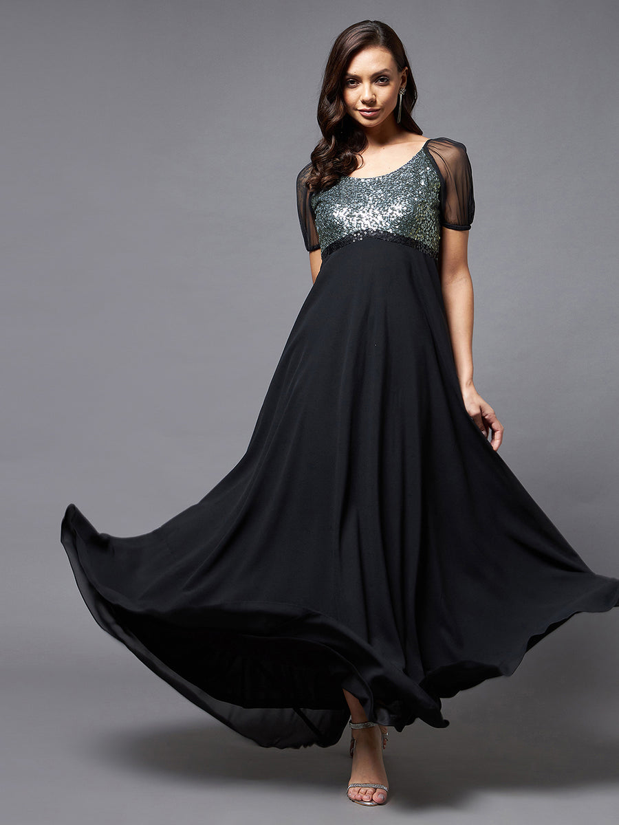 Women's Black And Silver Embellished Fit & Flare Maxi Dress – Chase Haul