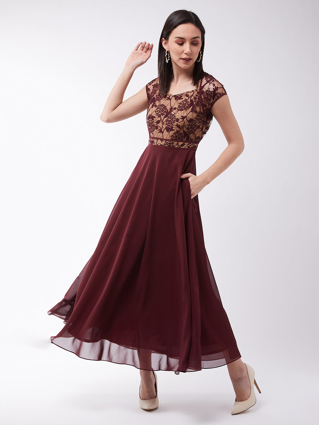 Women's Wine & Beige Floral V - Neck Cap Short Sleeves Lace Overlaid Fit & Flare Paneled Maxi Dress