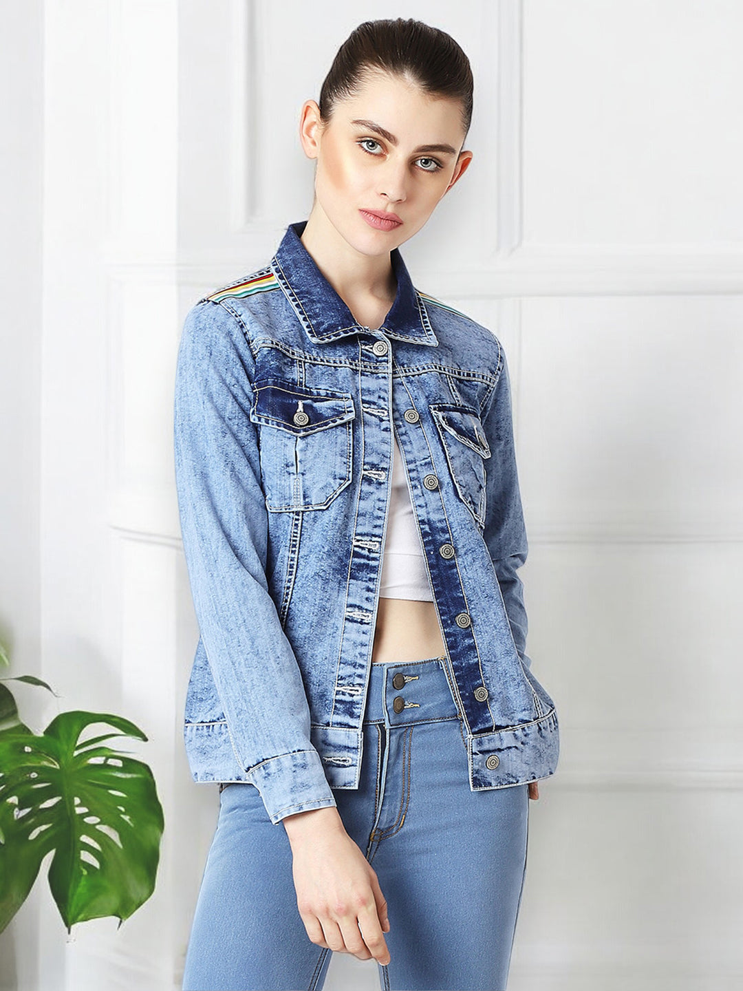 Women's Light Blue Collared Full Sleeve Solid Buttoned Ice Wash Multicolored Twill Tape Detailing Denim Jacket