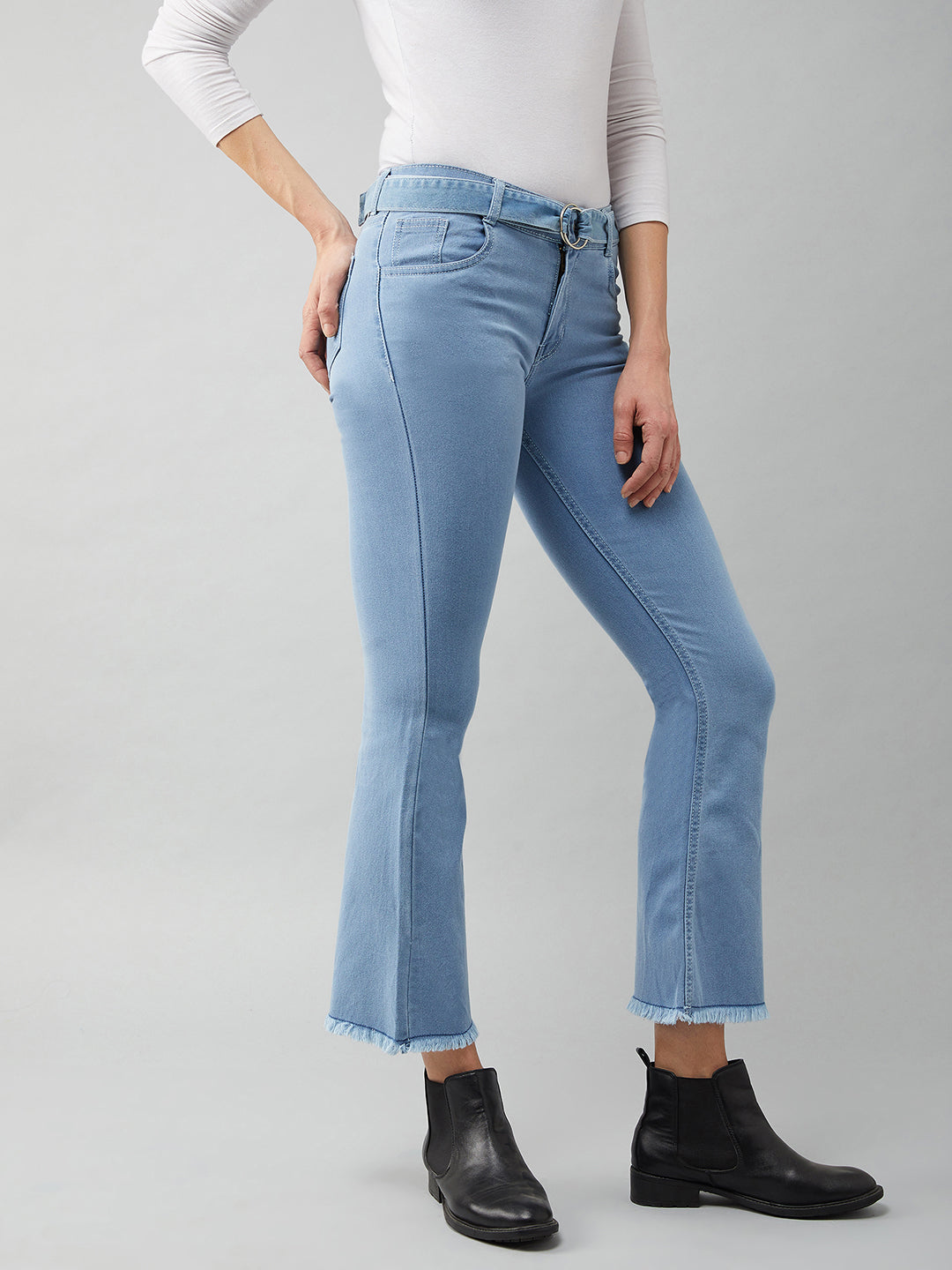 Women's Light Blue Cotton Bell Bottom Bootcut Cropped High Rise Stretchable Timeless Denim Jeans