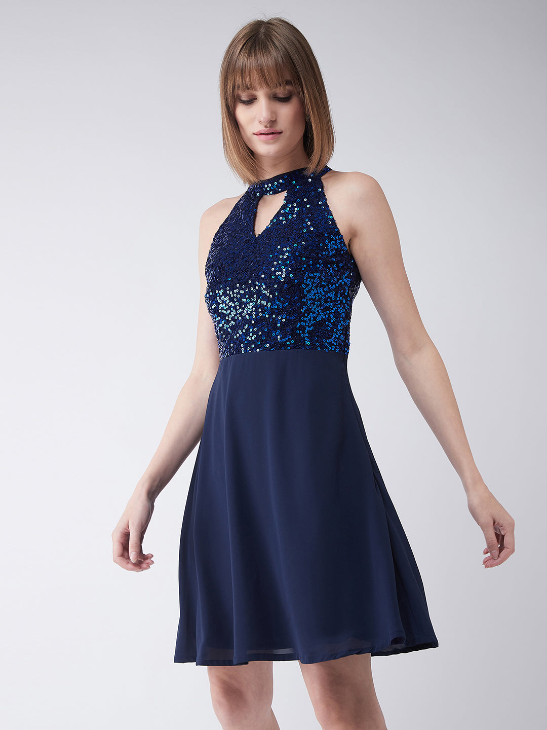 Women's Navy Blue Round Neck Sleeveless Solid Sequin Flowy Knee-Long Skater Dress