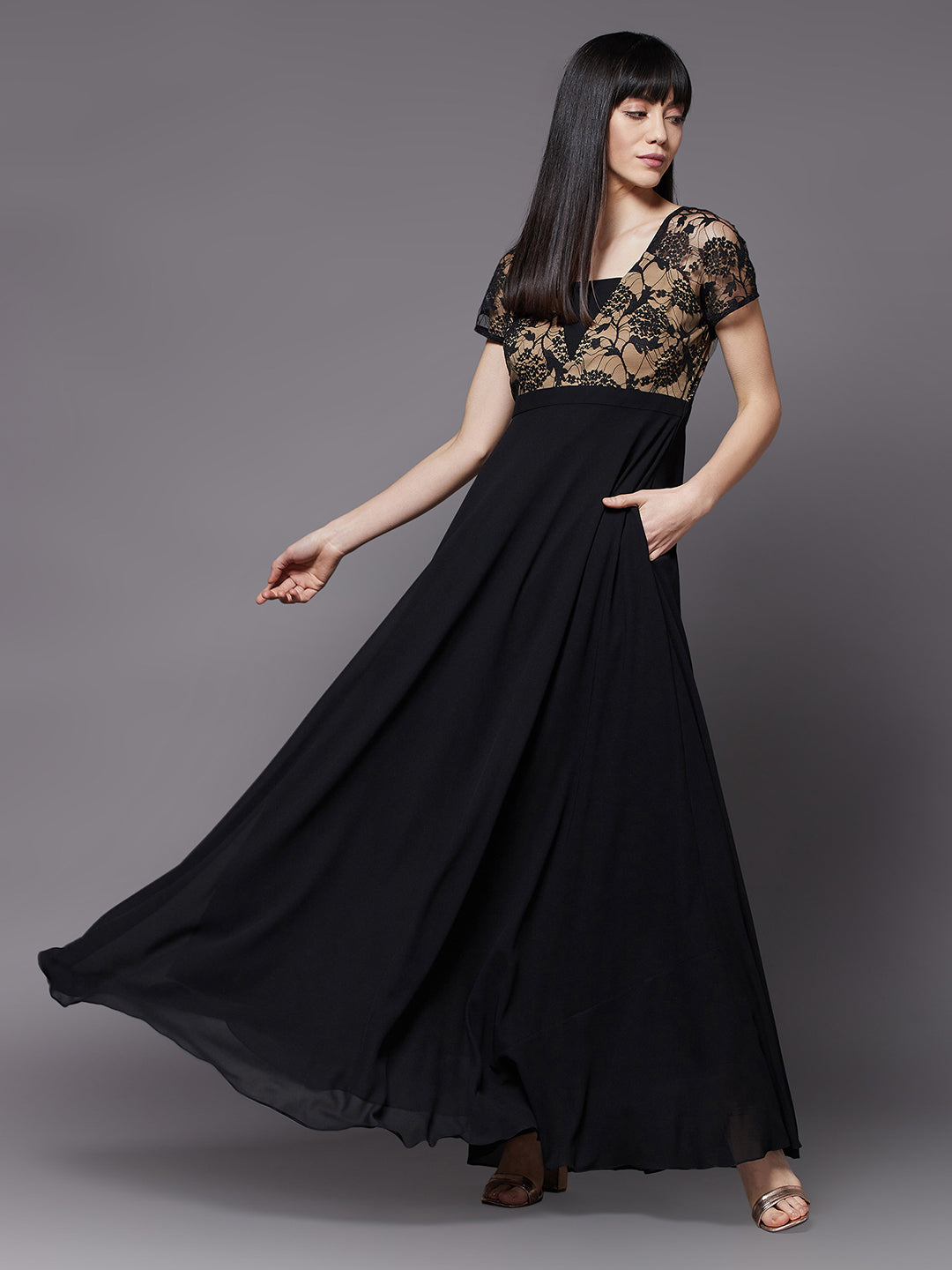 Women's Black Square Neck Raglan Short Sleeve Self Design Lace Overlaid Georgette Maxi Dress